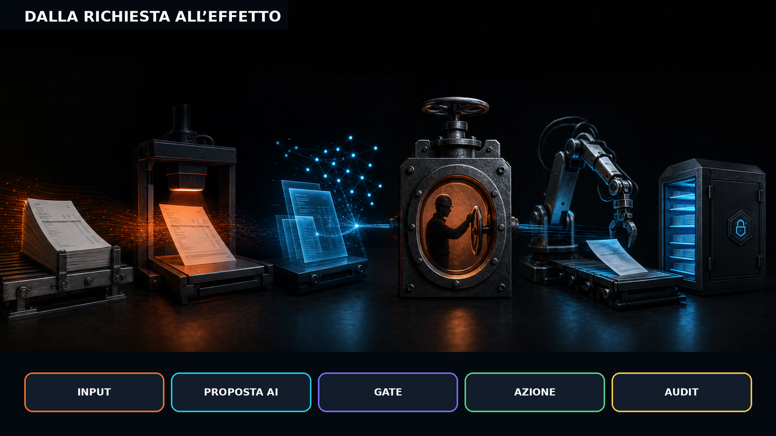 Input, proposta AI, gate, azione e audit in un workflow n8n