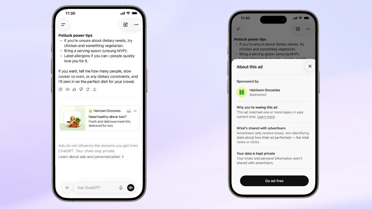 Annuncio sponsorizzato mostrato sotto una risposta di ChatGPT su smartphone