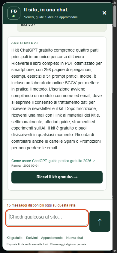 Risposta reale del chatbot sul kit ChatGPT, con collegamento alla fonte e pulsante per ricevere il kit