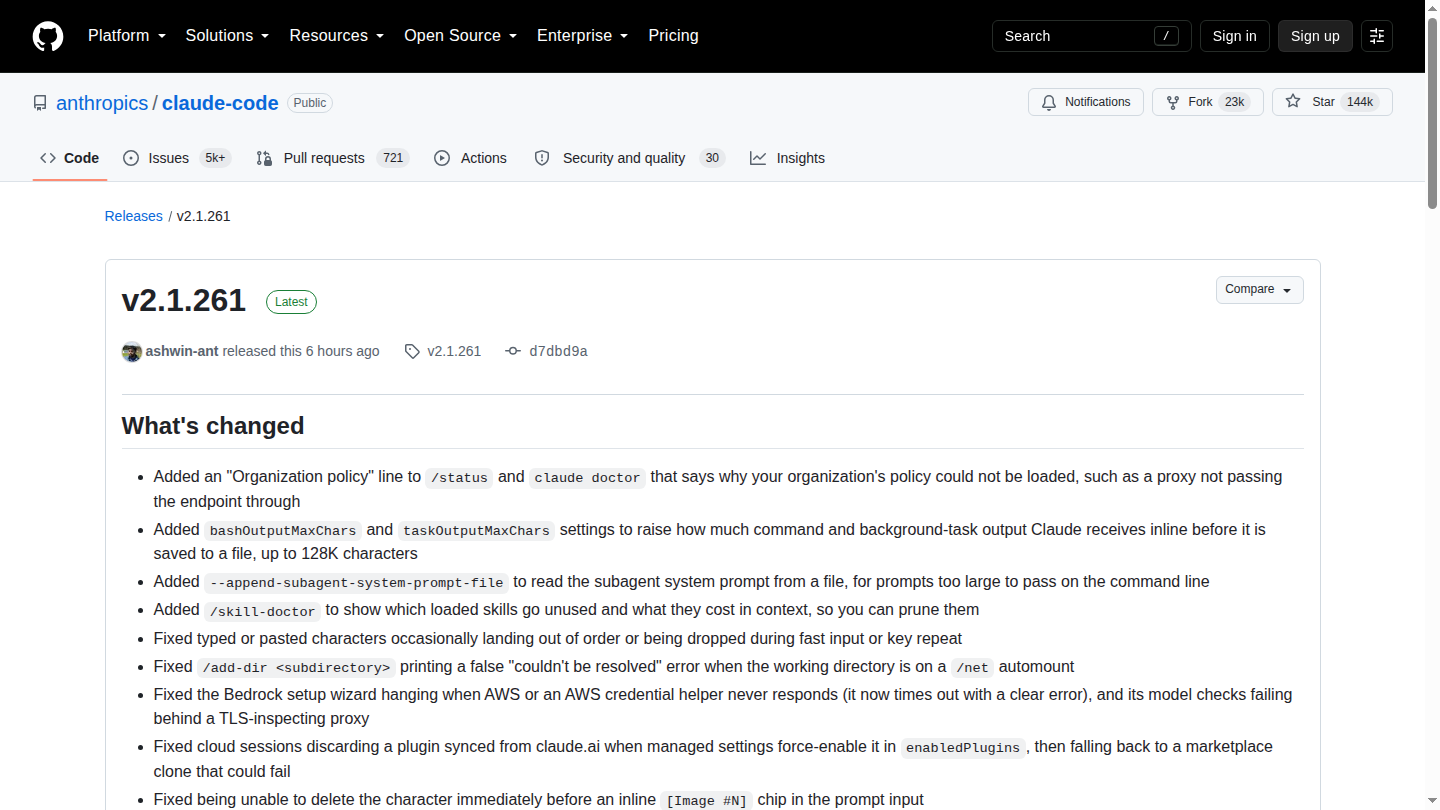 Pagina ufficiale della release Claude Code 2.1.261 su GitHub