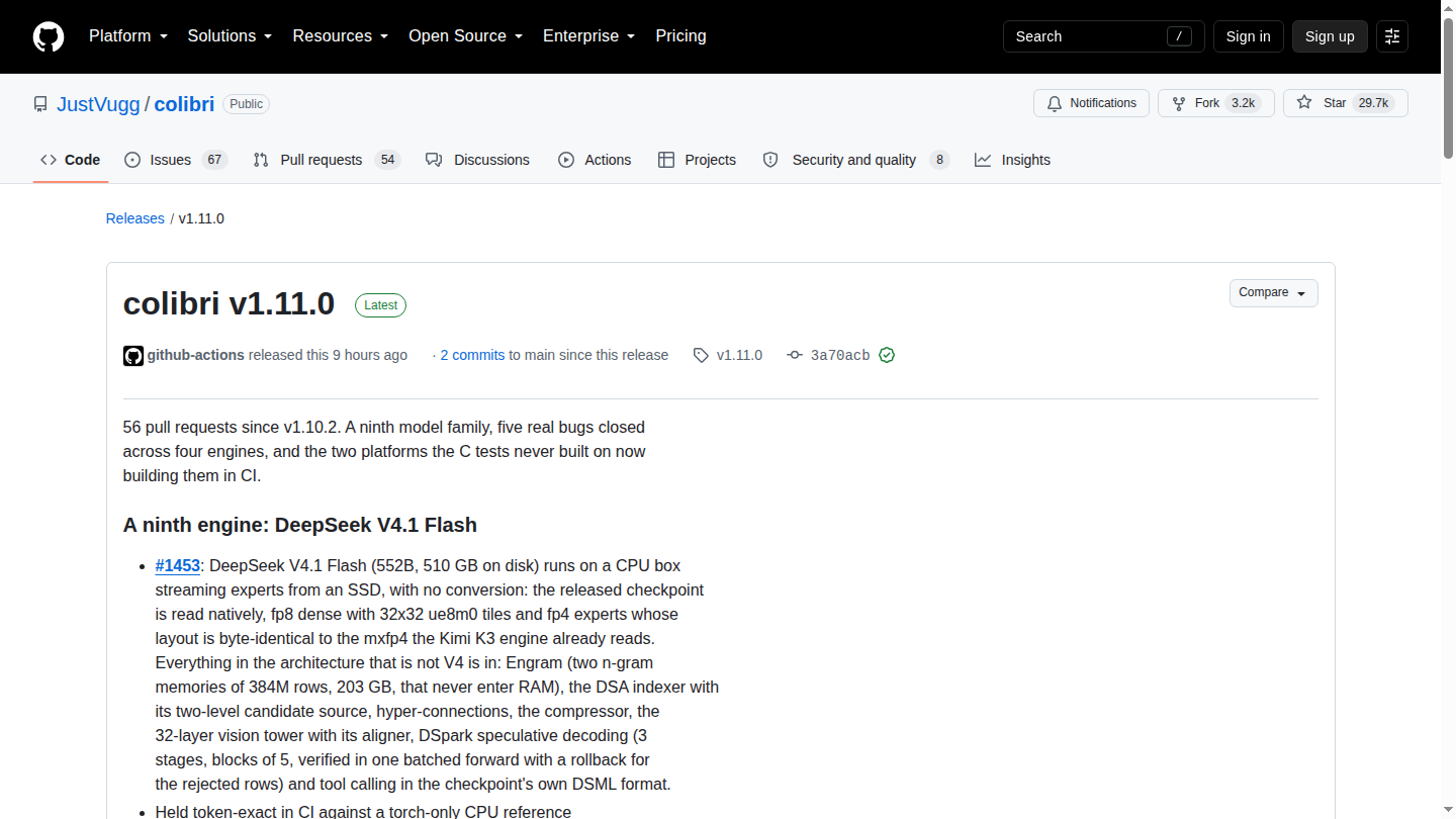 Pagina ufficiale della release Colibri v1.11.0 su GitHub