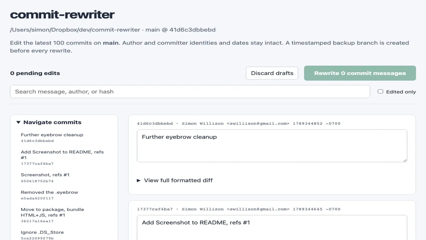 Interfaccia ufficiale di commit-rewriter per modificare i messaggi Git