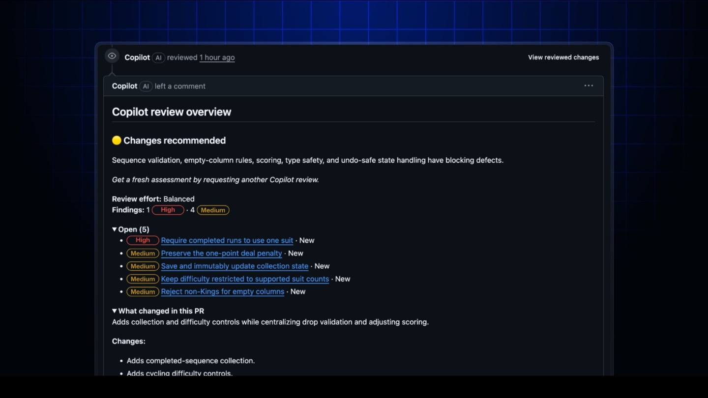 Riepilogo ufficiale di GitHub Copilot code review con findings aperti e risolti