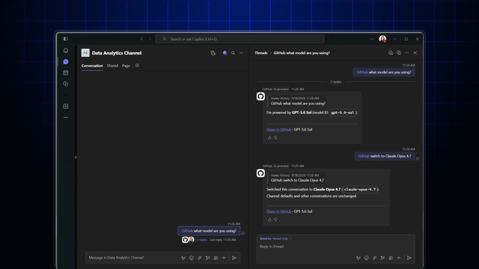 GitHub Copilot in Slack mostra la selezione del modello in una conversazione