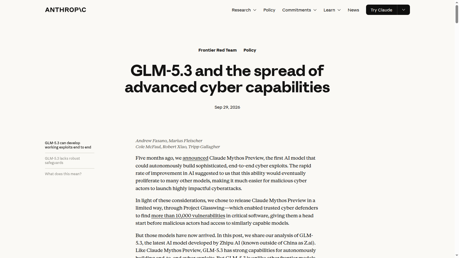 Pagina della ricerca Anthropic sulle capacità cyber e sui controlli di GLM-5.3