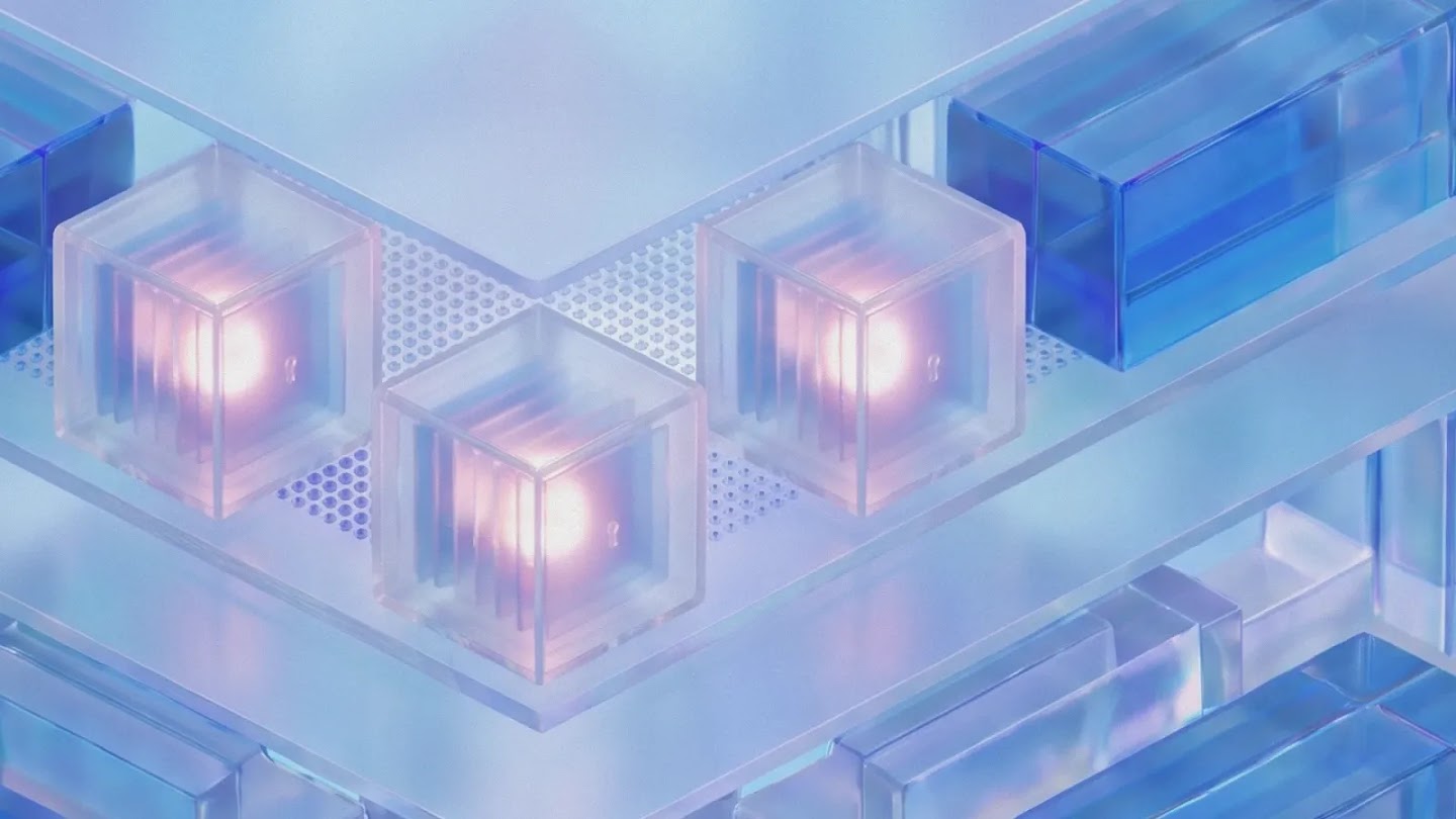 Cubi luminosi su livelli trasparenti nella grafica ufficiale di Google Private AI Compute