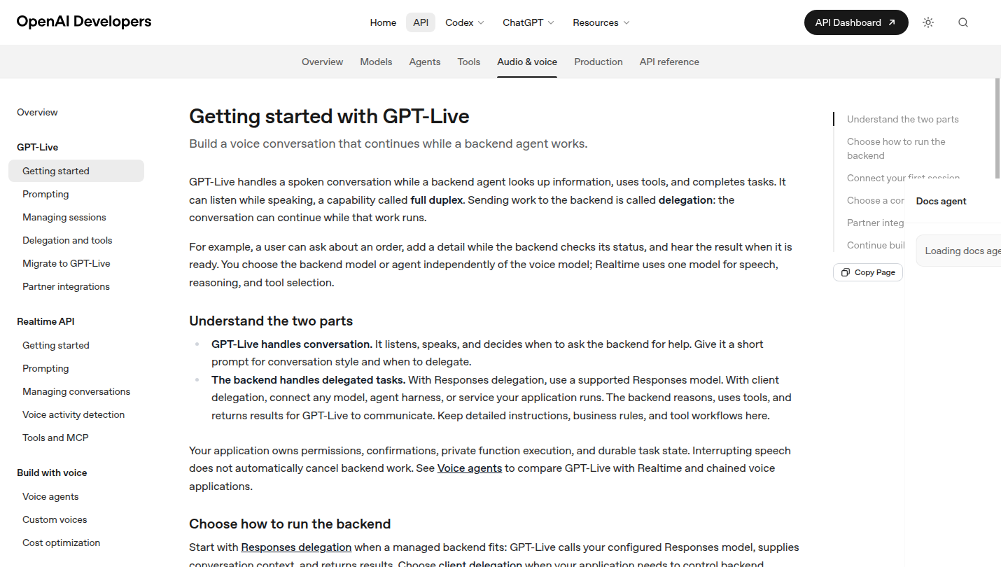 Guida API ufficiale GPT-Live di OpenAI