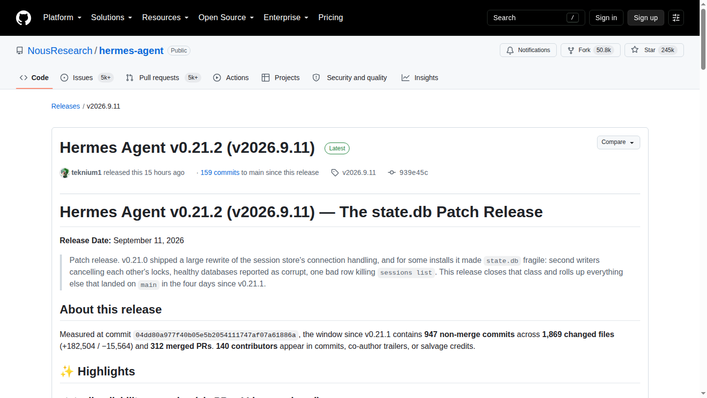 Release ufficiale Hermes Agent v0.21.2 su GitHub