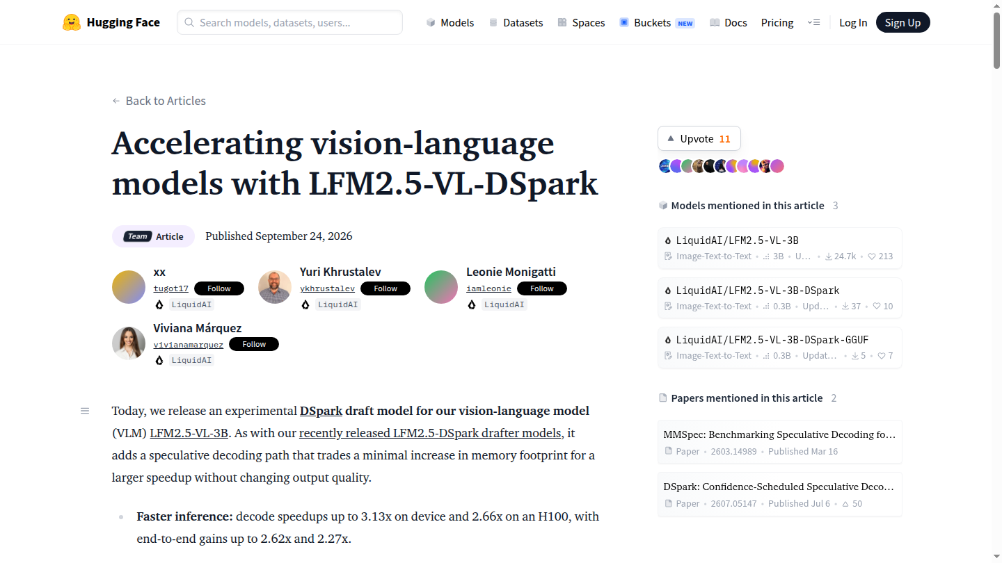 Pagina ufficiale Liquid AI dedicata a LFM2.5-VL-DSpark e all’accelerazione dei modelli visione-linguaggio