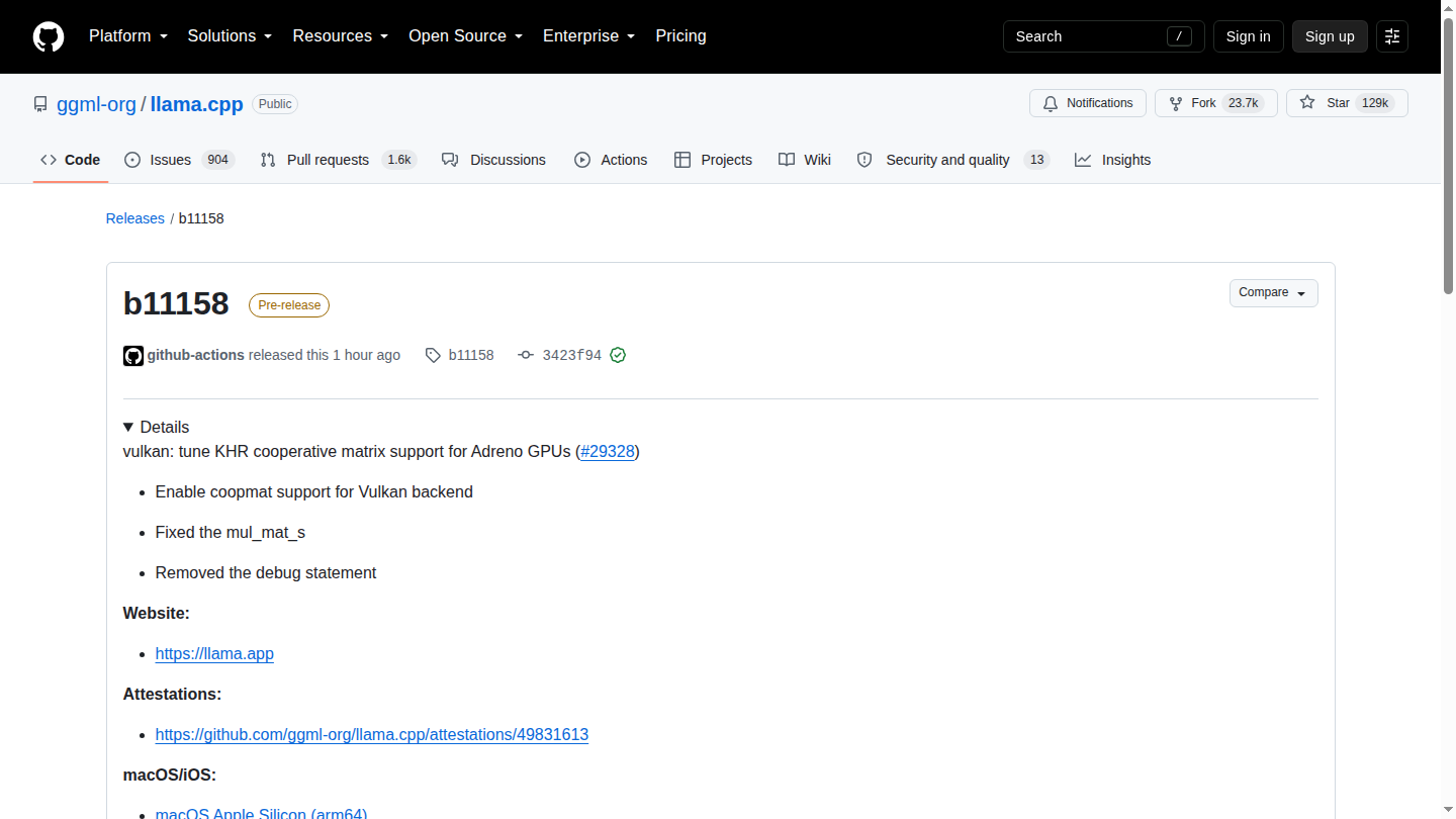 Release ufficiale llama.cpp b11158 con supporto Vulkan cooperative matrix per GPU Adreno