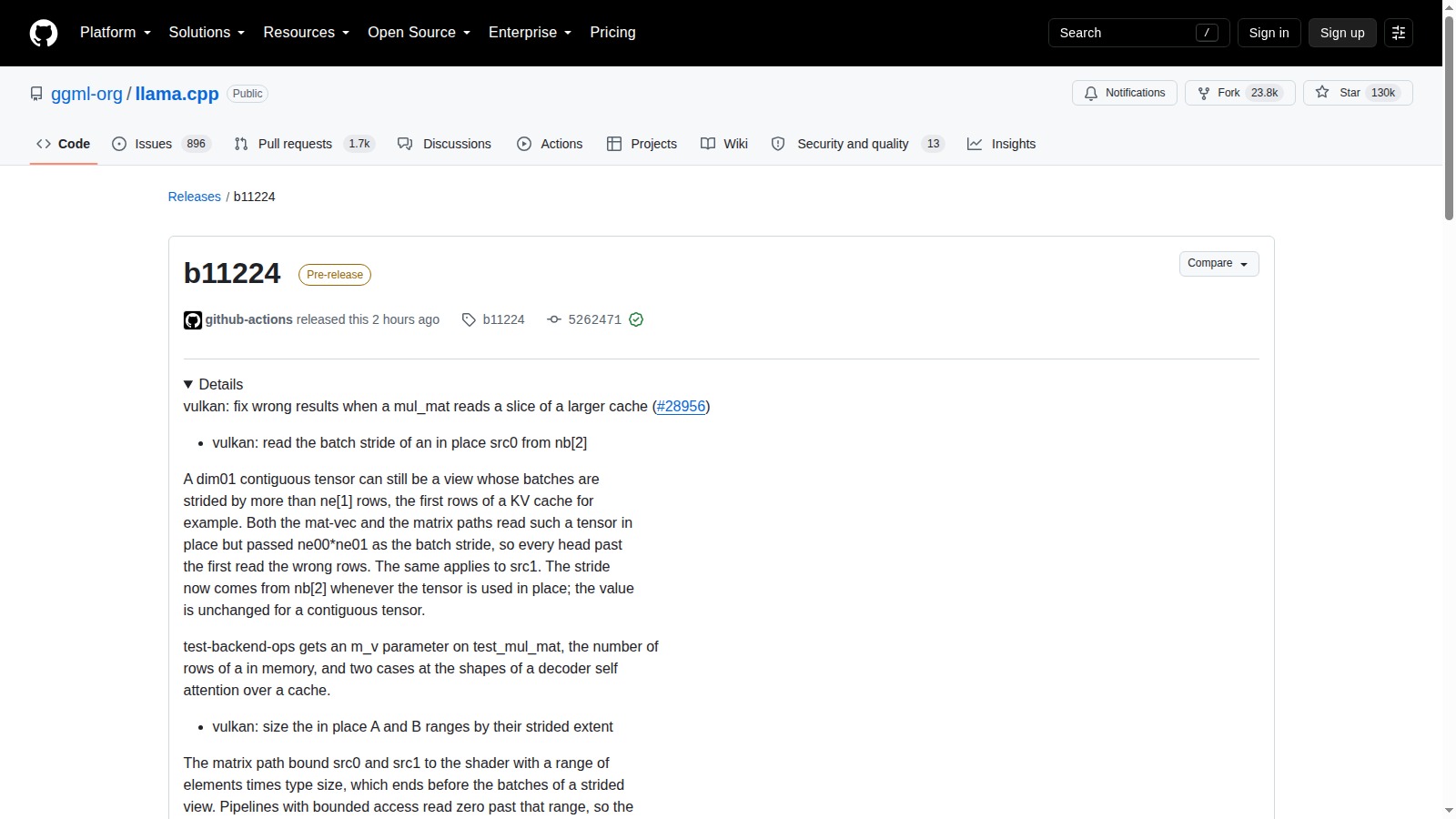 Pagina ufficiale GitHub della release llama.cpp b11224 con la correzione Vulkan