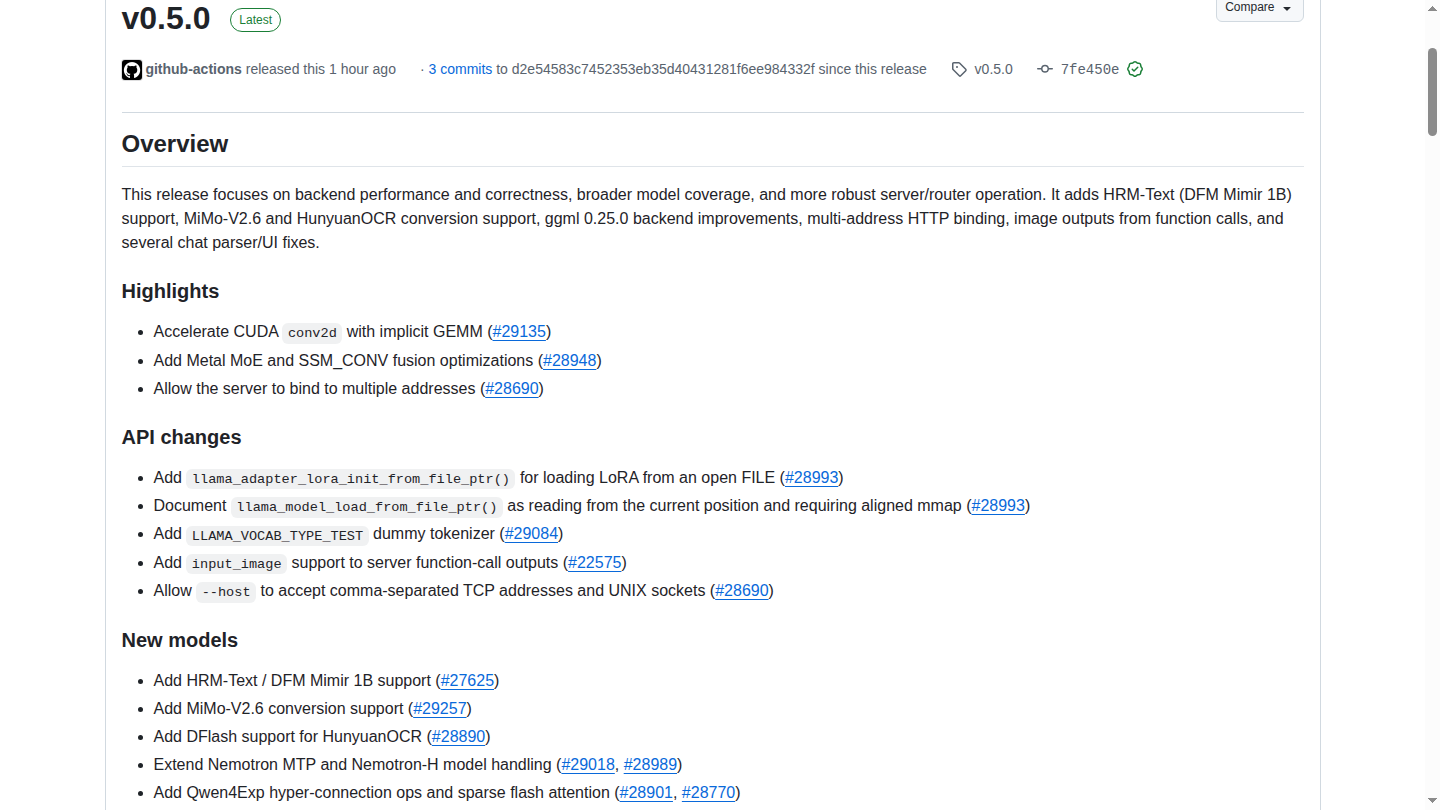 Pagina GitHub della release ufficiale llama.cpp 0.5.0