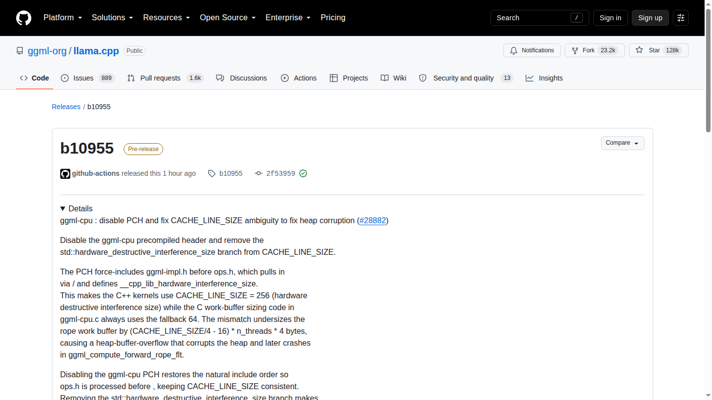 Release GitHub llama.cpp b10955 con la correzione della corruzione heap
