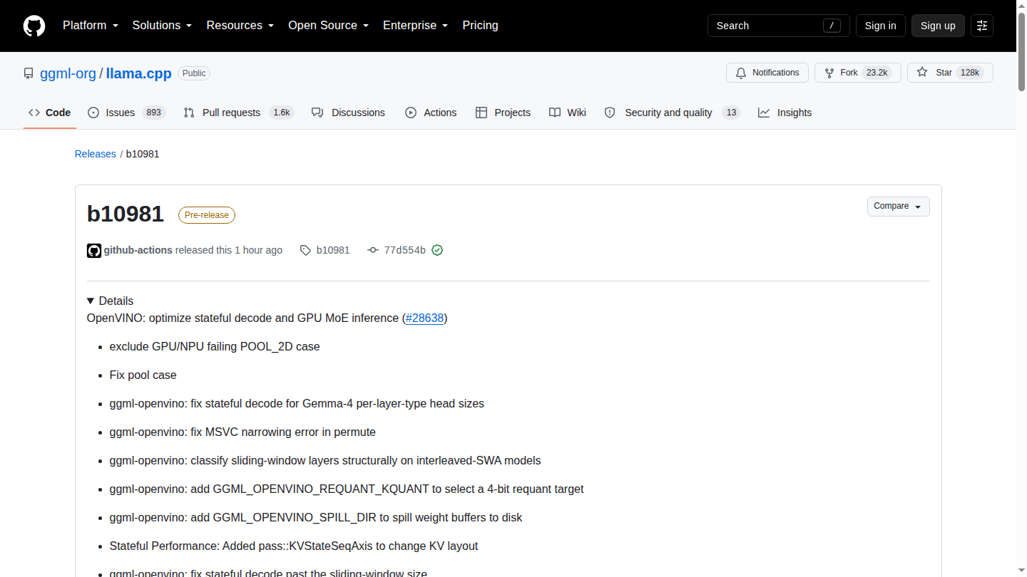 Pagina ufficiale della release llama.cpp b10981 dedicata alle modifiche OpenVINO