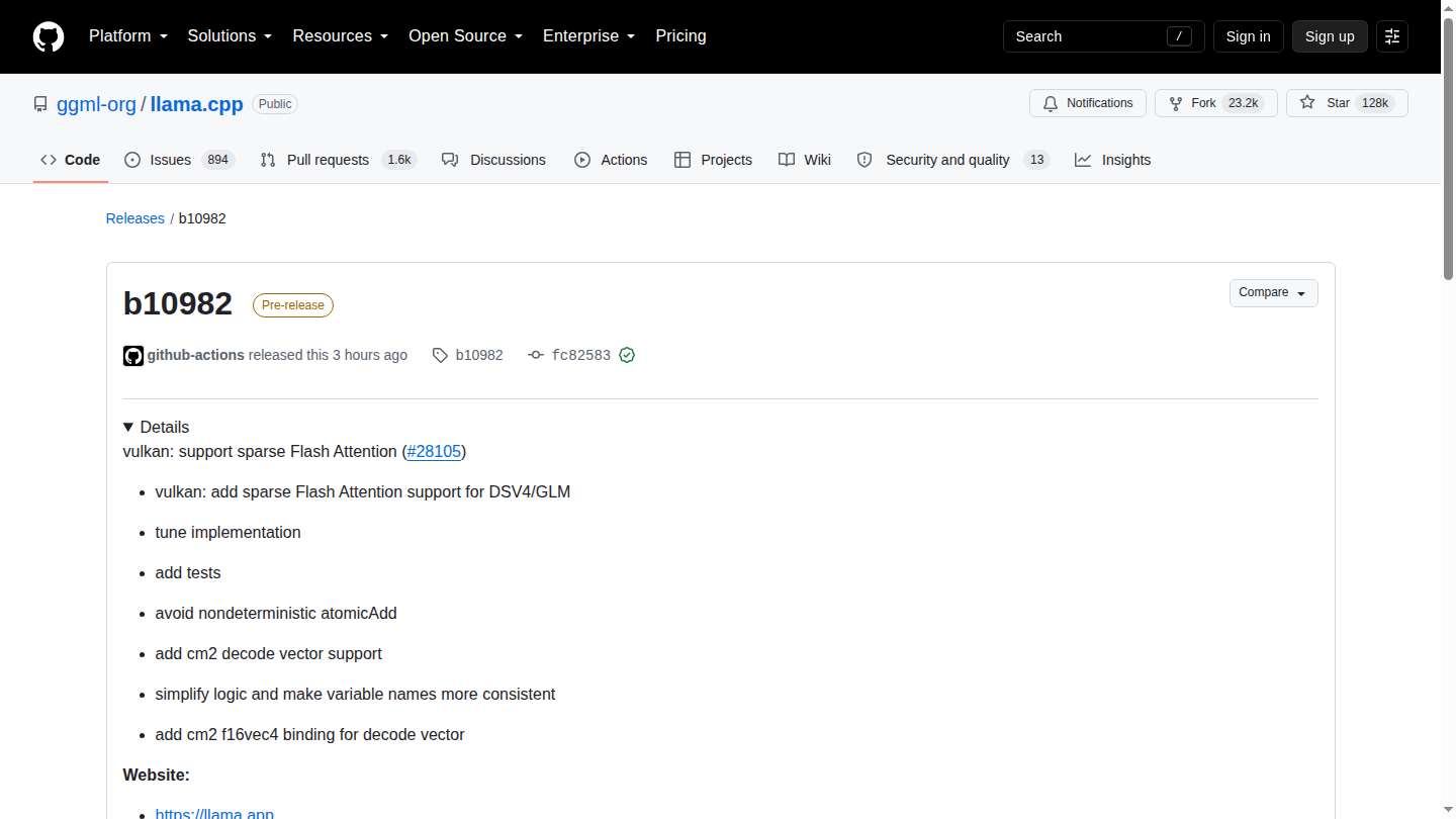Pagina ufficiale della release llama.cpp b10982 con sparse Flash Attention per Vulkan