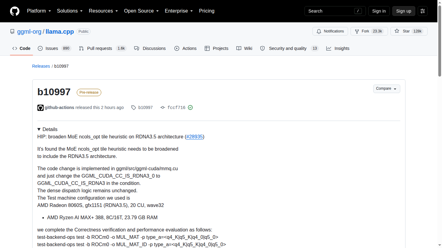 Pagina ufficiale della release llama.cpp b10997 per RDNA 3.5