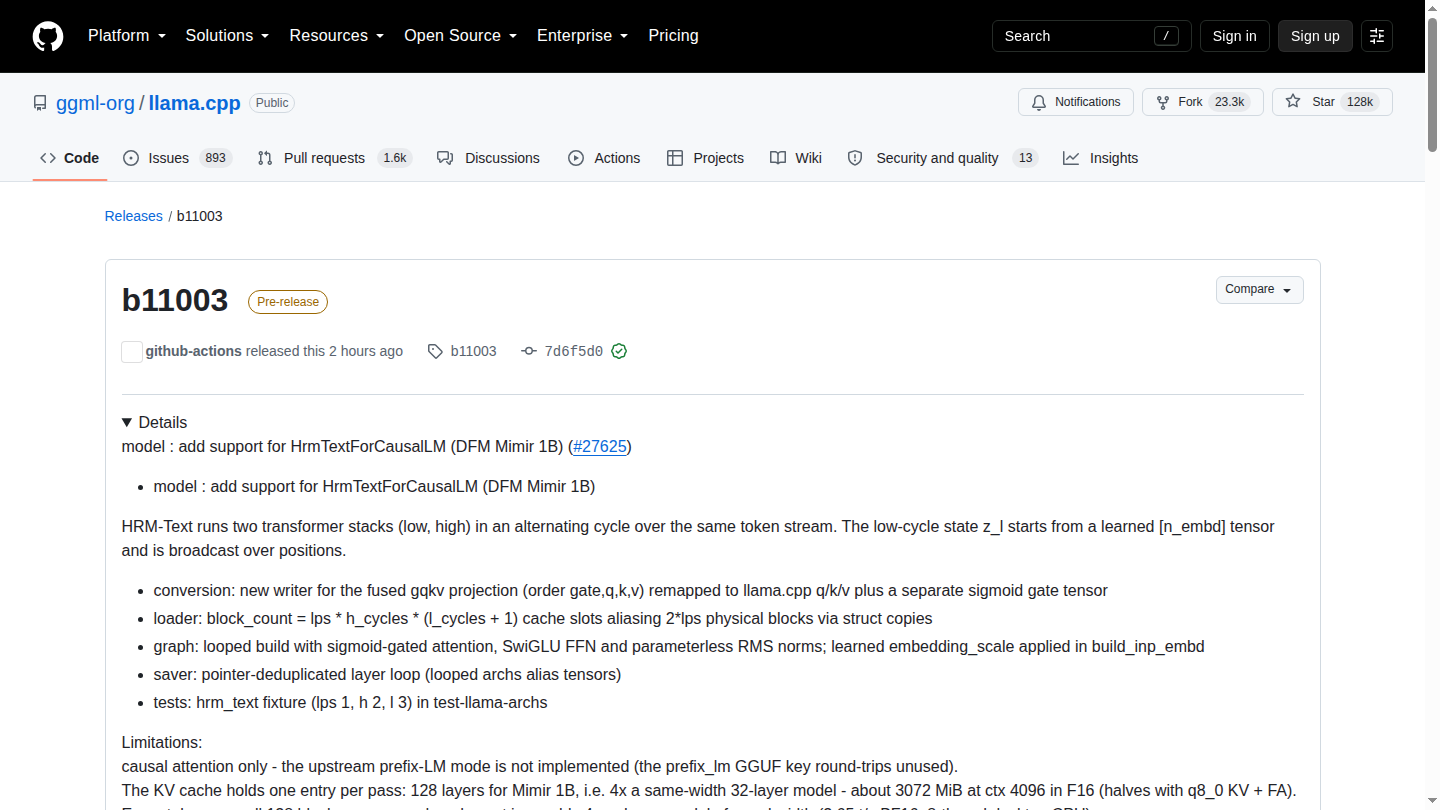 Release ufficiale llama.cpp b11003 con supporto a DFM Mimir 1B
