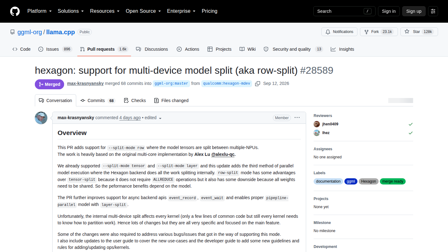 Pull request ufficiale llama.cpp per il row-split multi-NPU su Qualcomm Hexagon