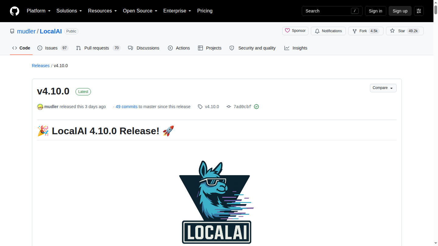 Release ufficiale LocalAI 4.10 su GitHub