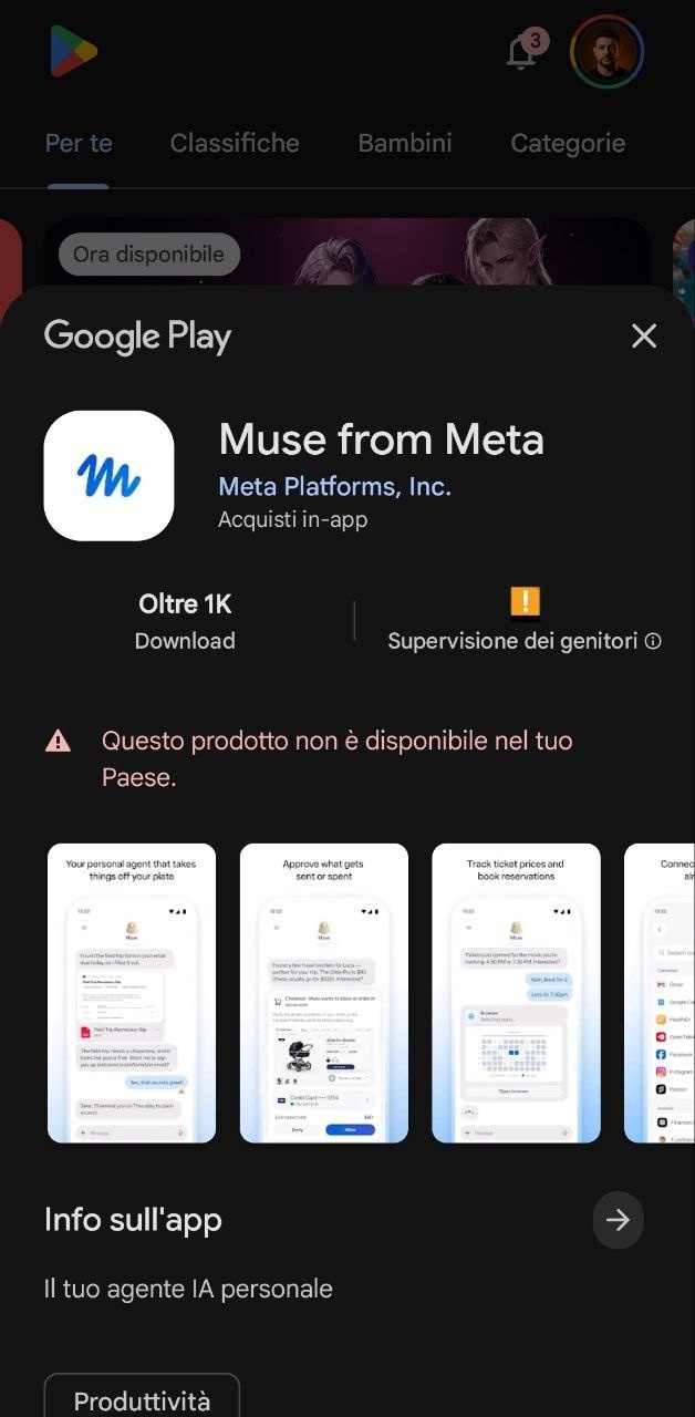 Muse from Meta nel Google Play Store italiano, dove l'app risulta non disponibile nel Paese