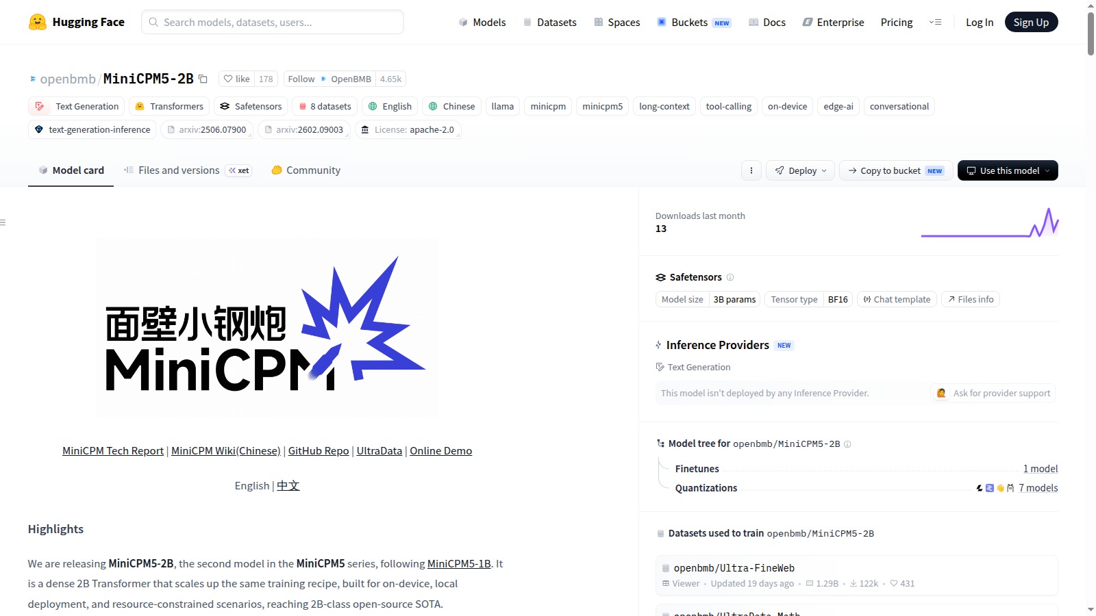 Pagina ufficiale Hugging Face di OpenBMB MiniCPM5-2B