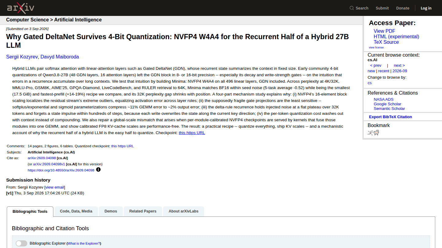 Pagina ufficiale arXiv del paper Minima, con titolo, autori e abstract del lavoro su NVFP4.