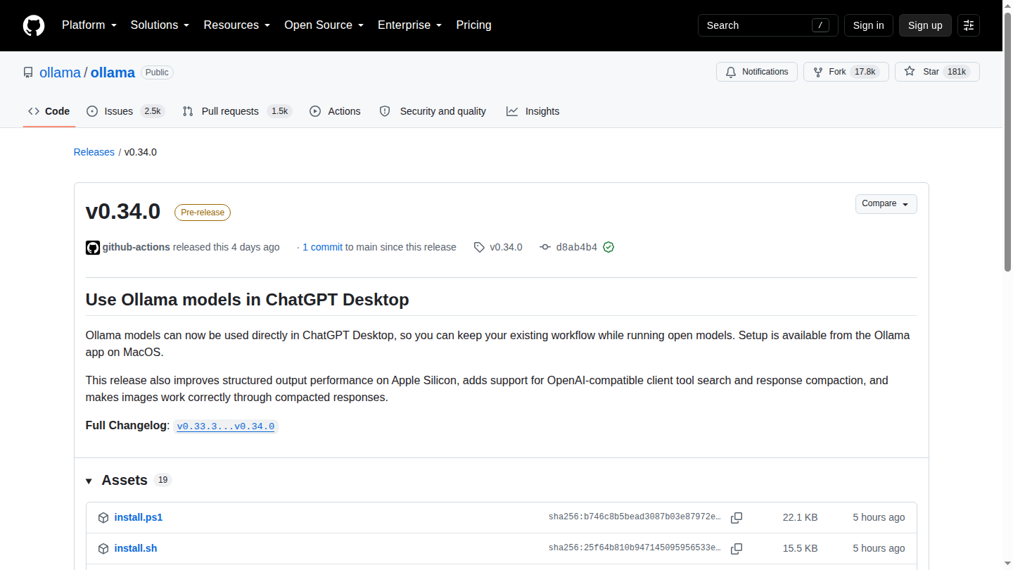 Release Ollama v0.34.0 con supporto a ChatGPT Desktop su macOS