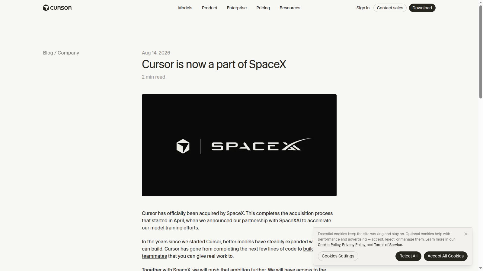Pagina ufficiale Cursor che annuncia l’acquisizione completata da SpaceX