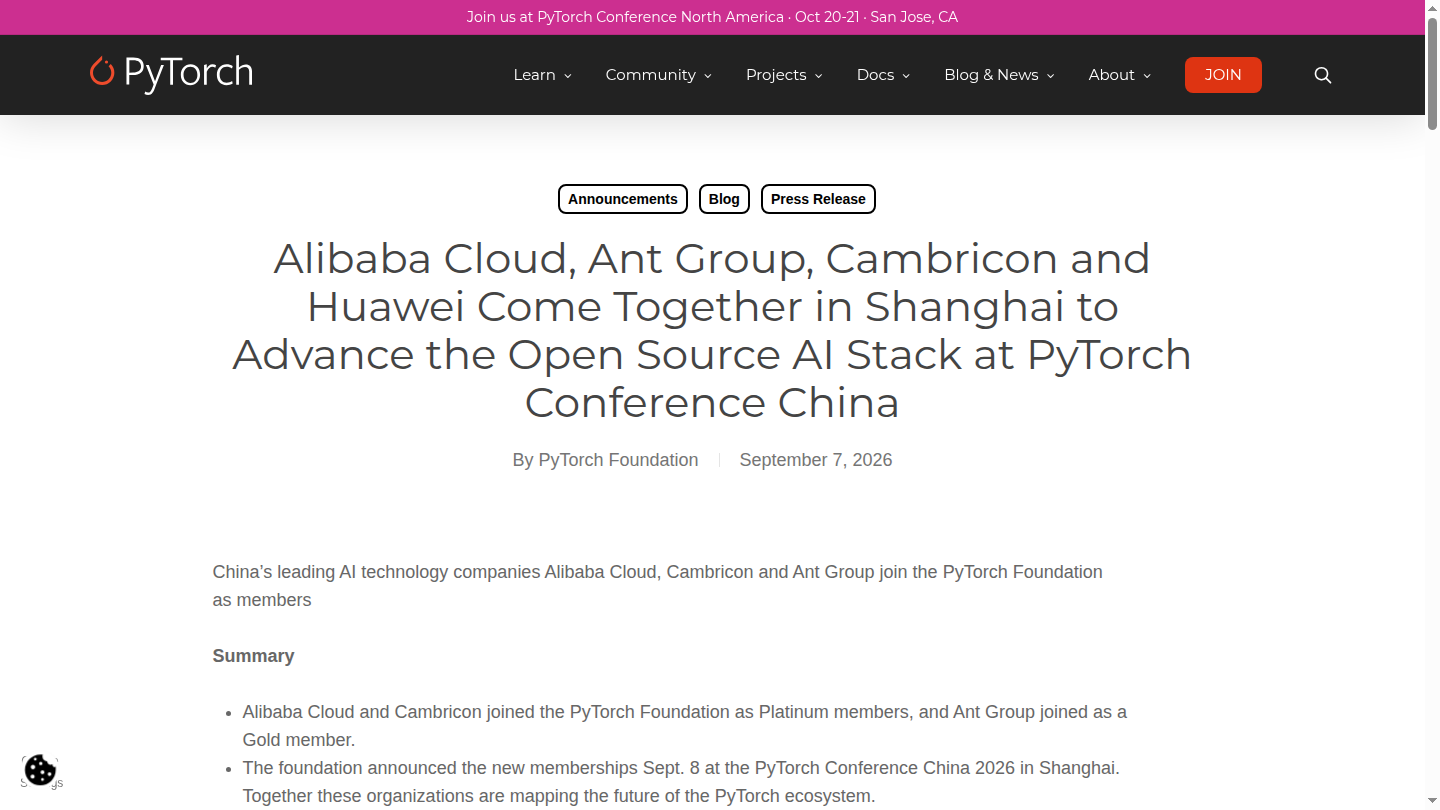 Pagina ufficiale PyTorch sull’ingresso di Alibaba Cloud Cambricon e Ant Group