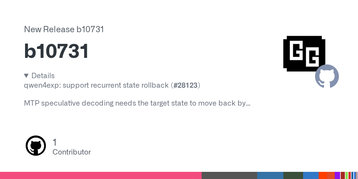 llama.cpp b10731, note di rilascio sul rollback dello stato ricorrente per Qwen4exp/MTP