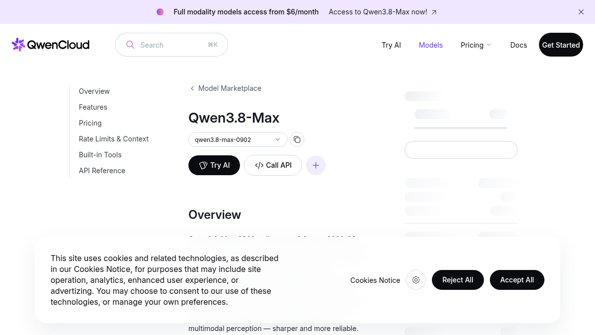 QwenCloud, scheda ufficiale di Qwen3.8-Max-0902 con contesto e limiti API