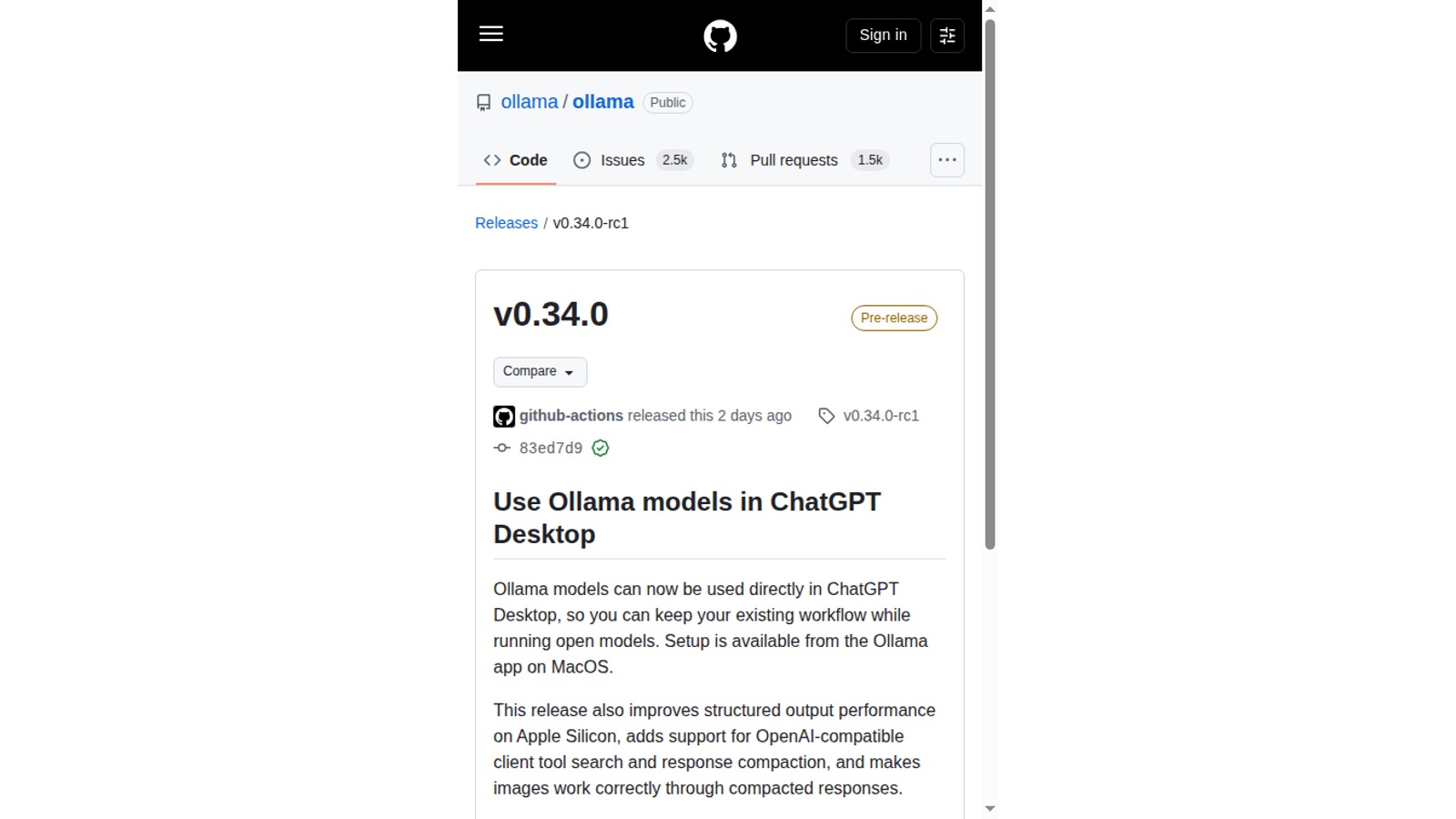 Schermata della fonte primaria: Ollama 0.34 RC porta i modelli locali in ChatGPT Desktop su Mac