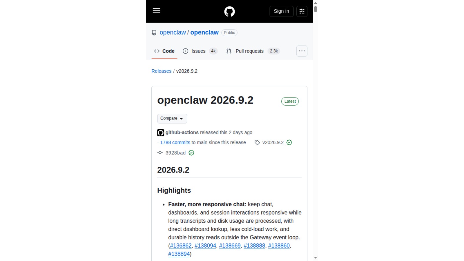 Schermata della fonte primaria: OpenClaw 2026.9.2 abilita lo swarm e allarga la superficie laterale