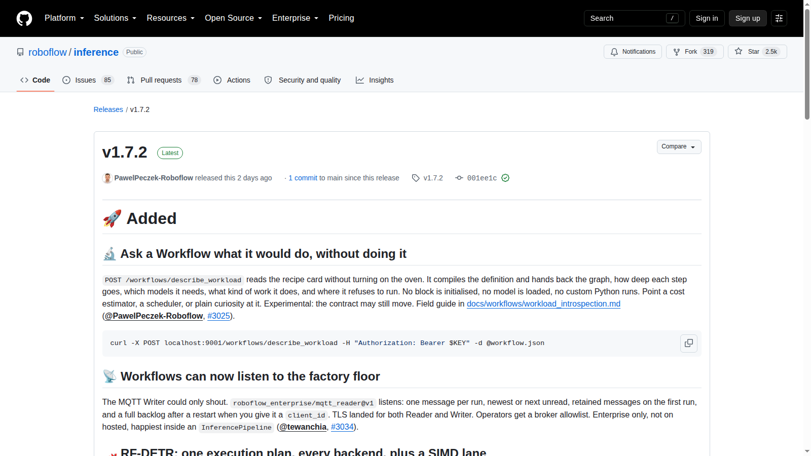 Release GitHub di Roboflow Inference 1.7.2 con descrizione delle nuove funzioni