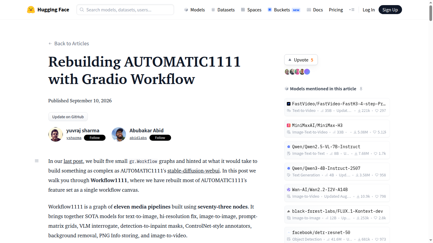 Workflow1111 nel post ufficiale Hugging Face