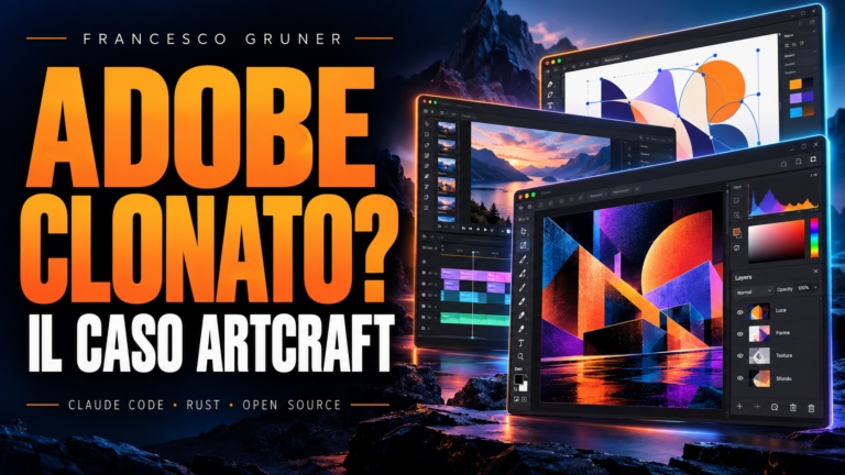 Illustrazione del caso ArtCraft: editor di immagini, video e grafica con il titolo Adobe clonato? e i riferimenti a Claude Code, Rust e open source.
