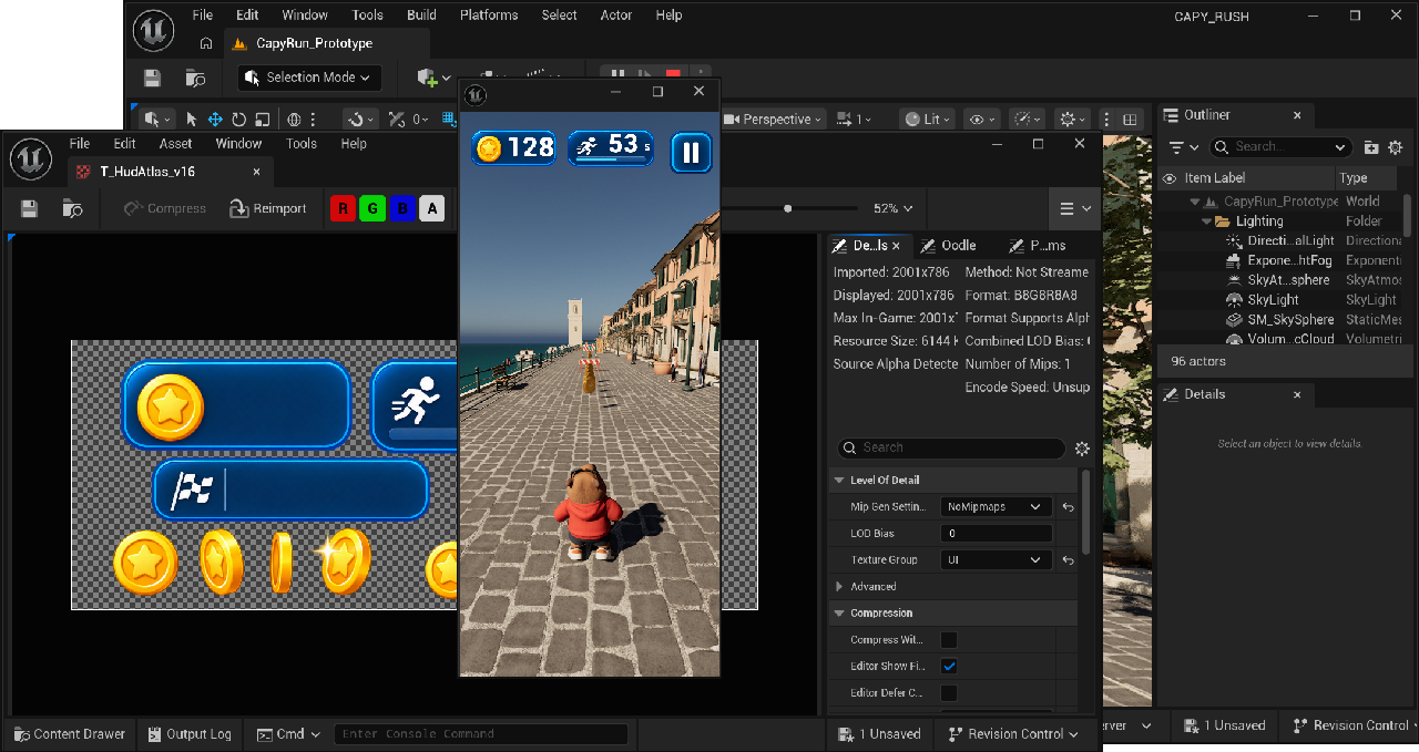 Anteprima portrait in Unreal con 128 monete, 53 secondi e pulsante pausa; accanto la texture dell’interfaccia