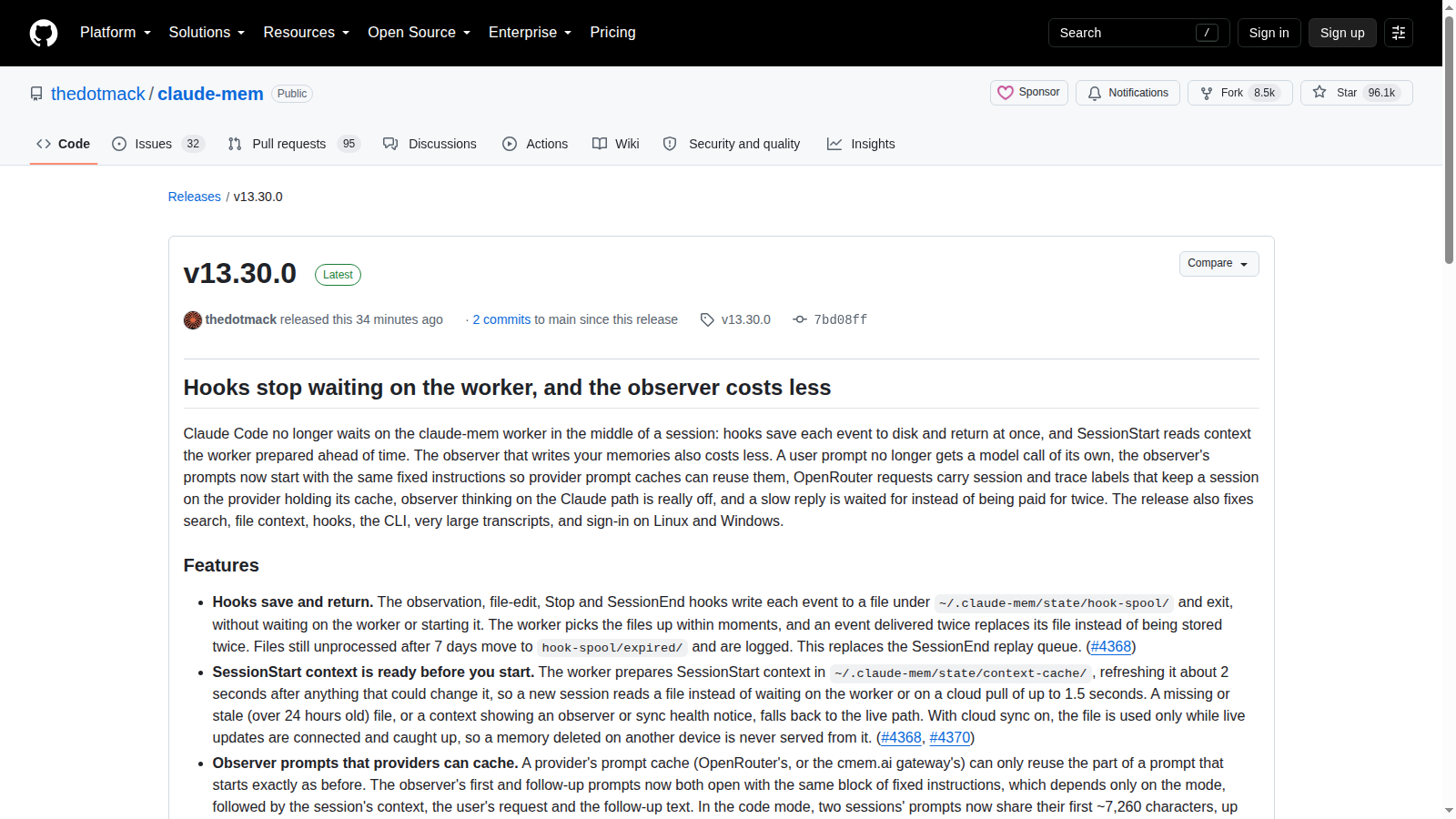 Pagina GitHub della release Claude-Mem 13.30