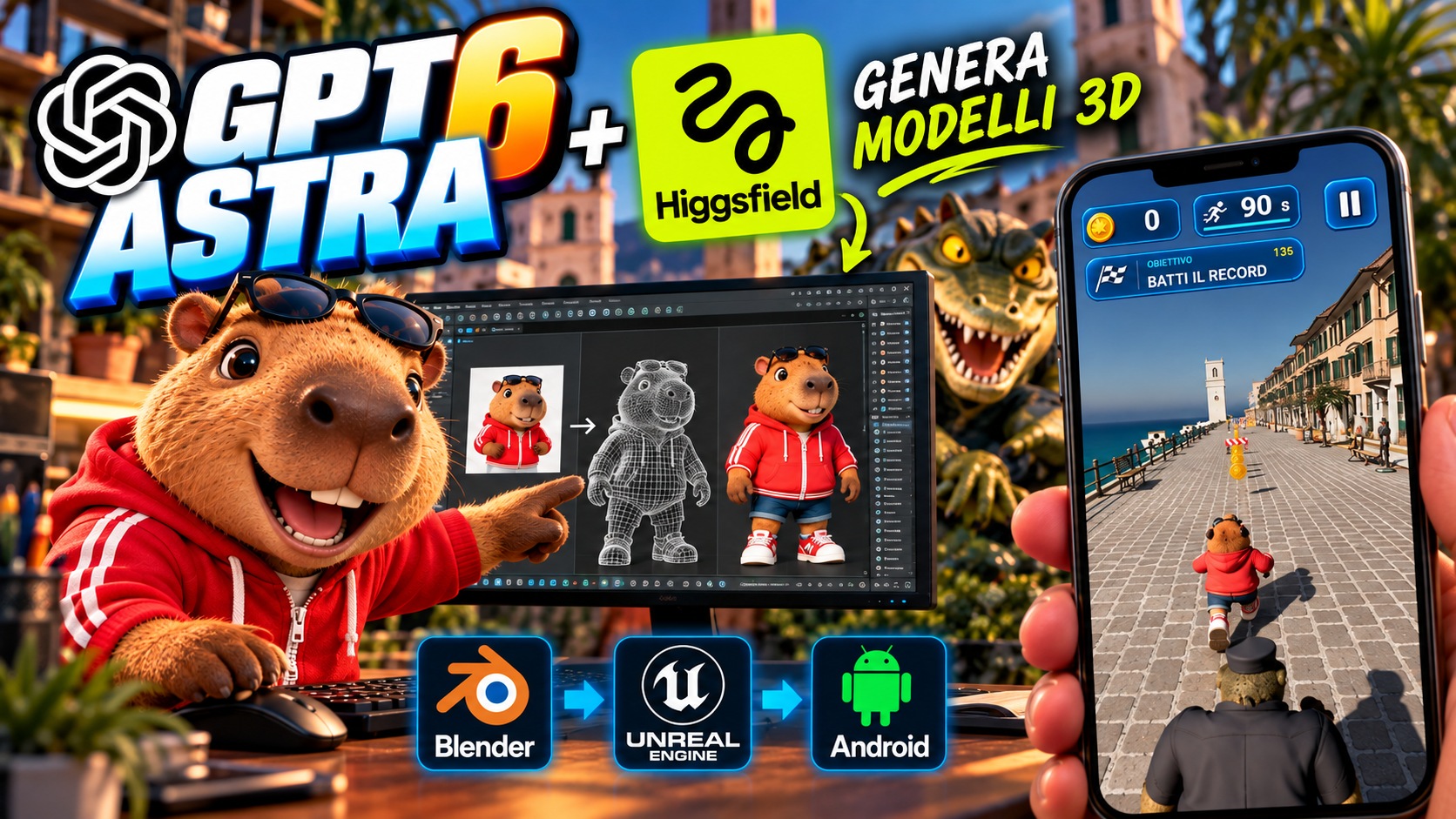 Copertina illustrata di CAPY RUSH con Capi, coccodrillo e strumenti della pipeline Android