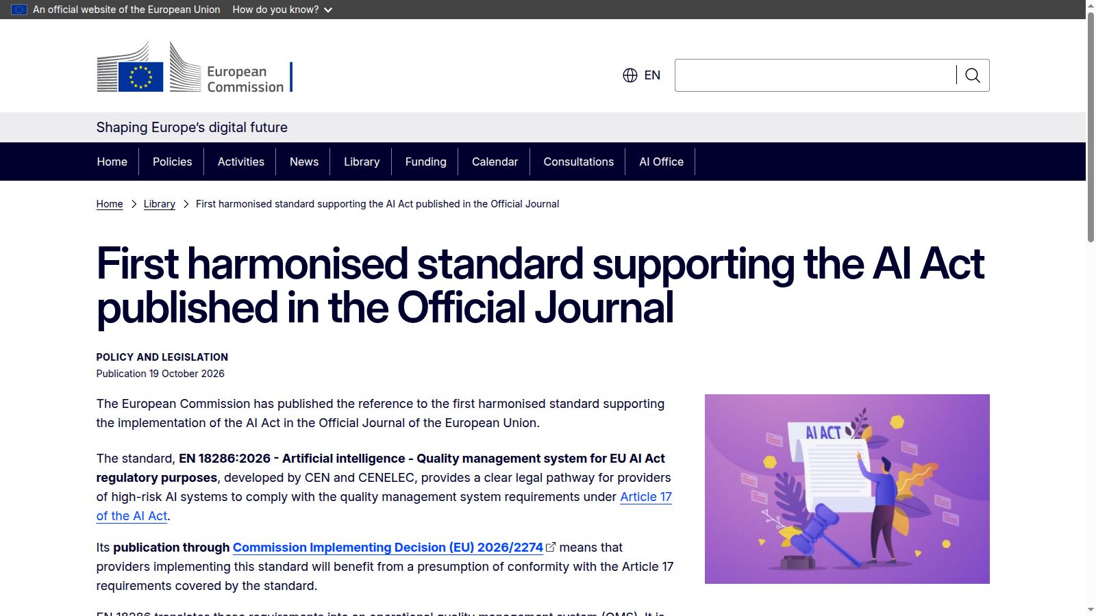 Pagina ufficiale della Commissione europea sullo standard armonizzato EN 18286 per l AI Act
