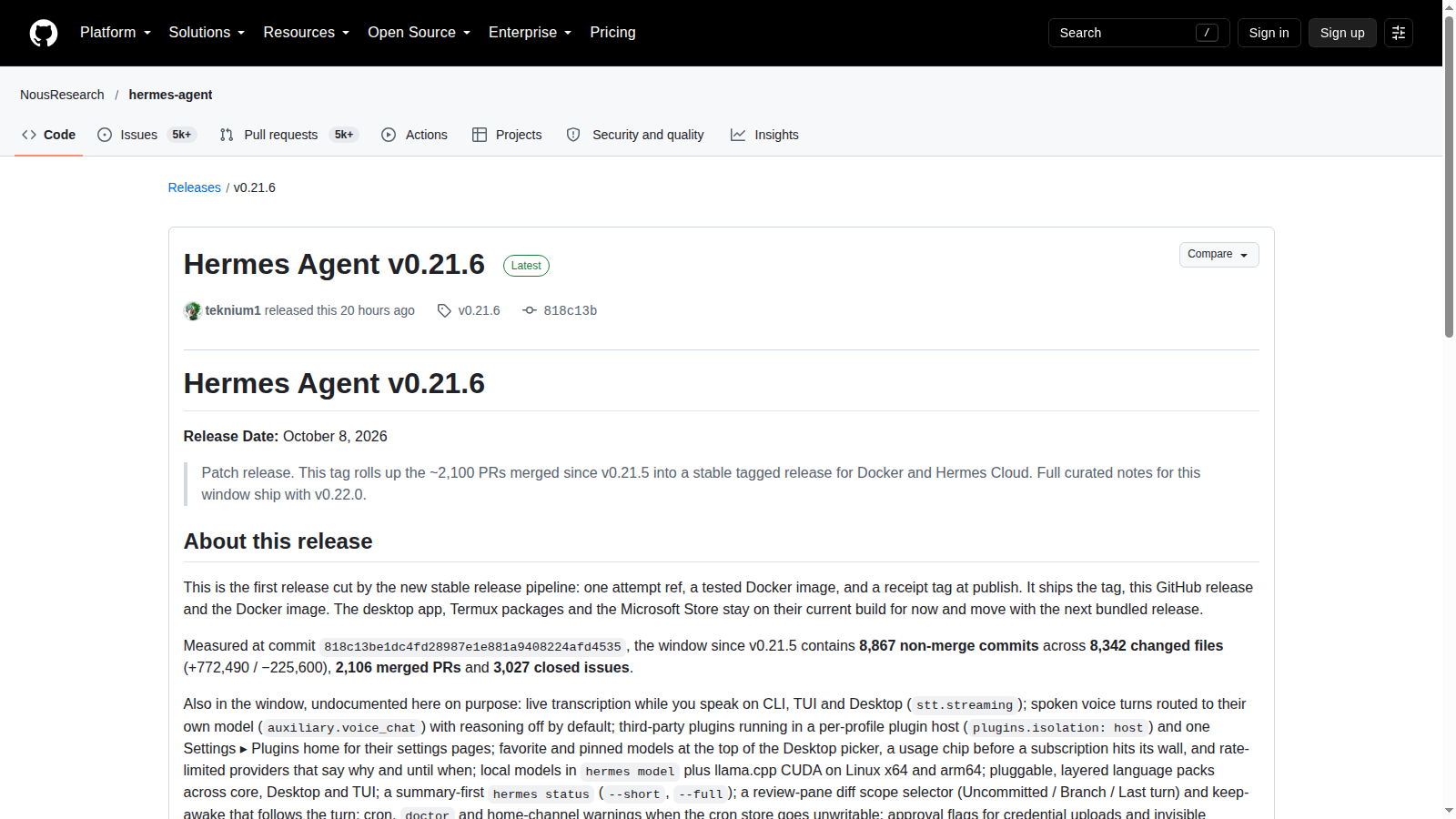 Pagina GitHub della release Hermes Agent v0.21.6