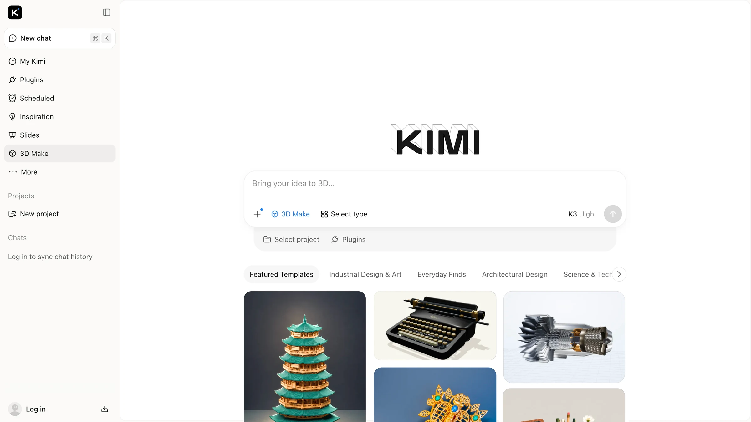 Interfaccia ufficiale Kimi 3D Make con esempi di modellazione tridimensionale