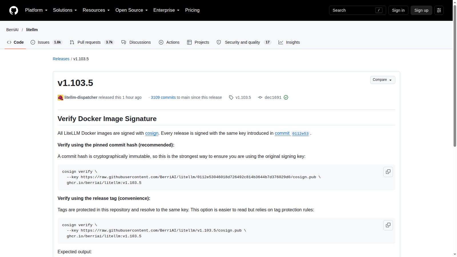 Pagina ufficiale GitHub della release LiteLLM v1.103.5 con le note sul bridge Responses