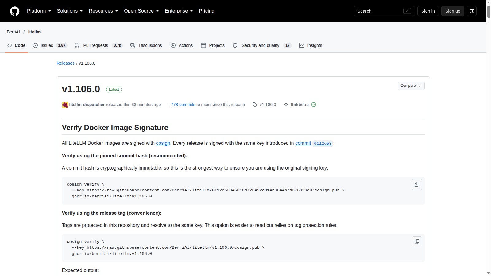 Pagina ufficiale GitHub della release LiteLLM v1.106.0 con le modifiche a MCP e sicurezza
