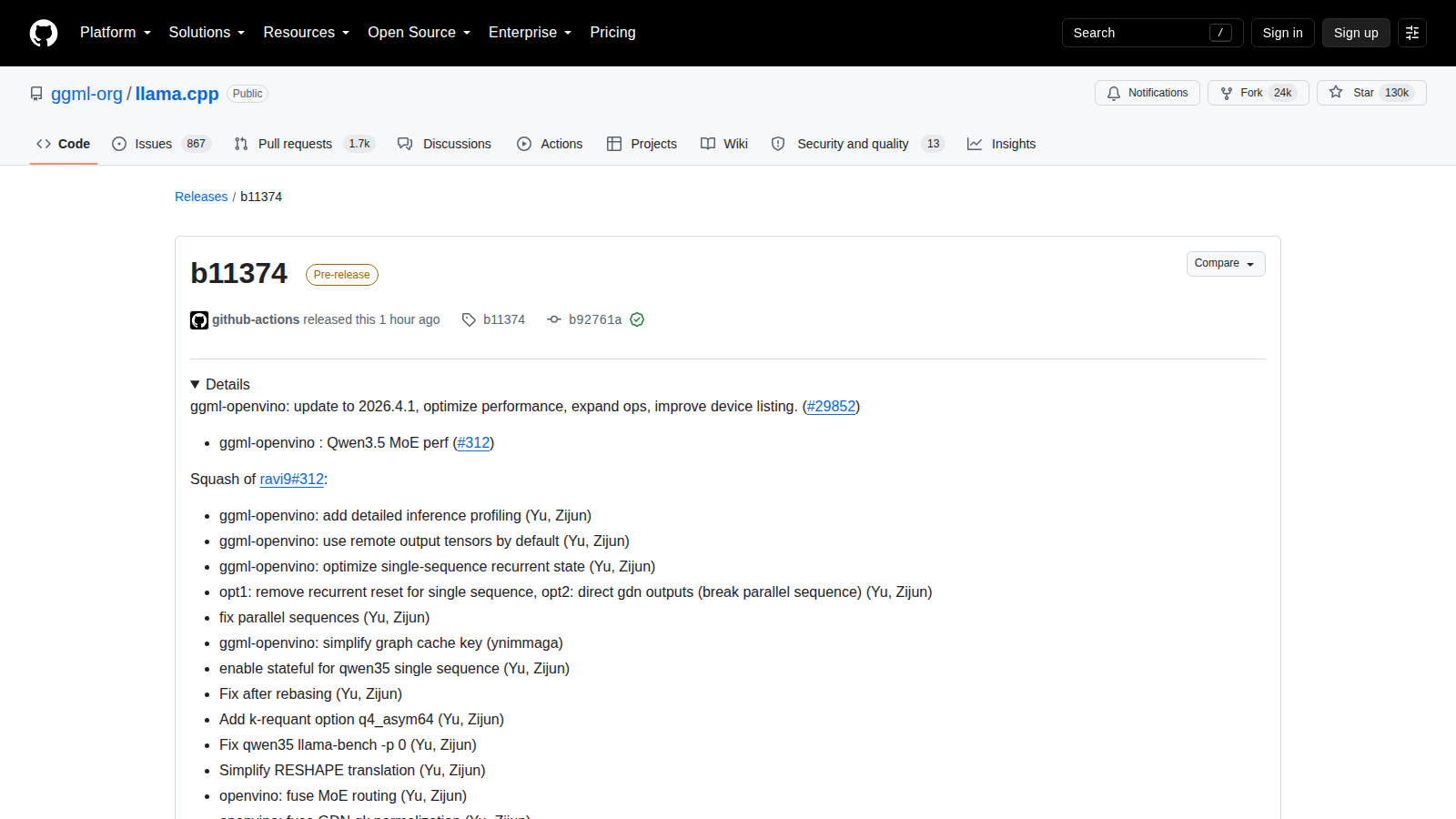 Pagina della release llama.cpp b11374 dedicata agli aggiornamenti OpenVINO