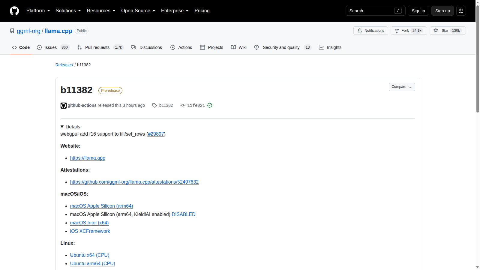 Pagina GitHub della release llama.cpp b11382 dedicata al supporto FP16 WebGPU