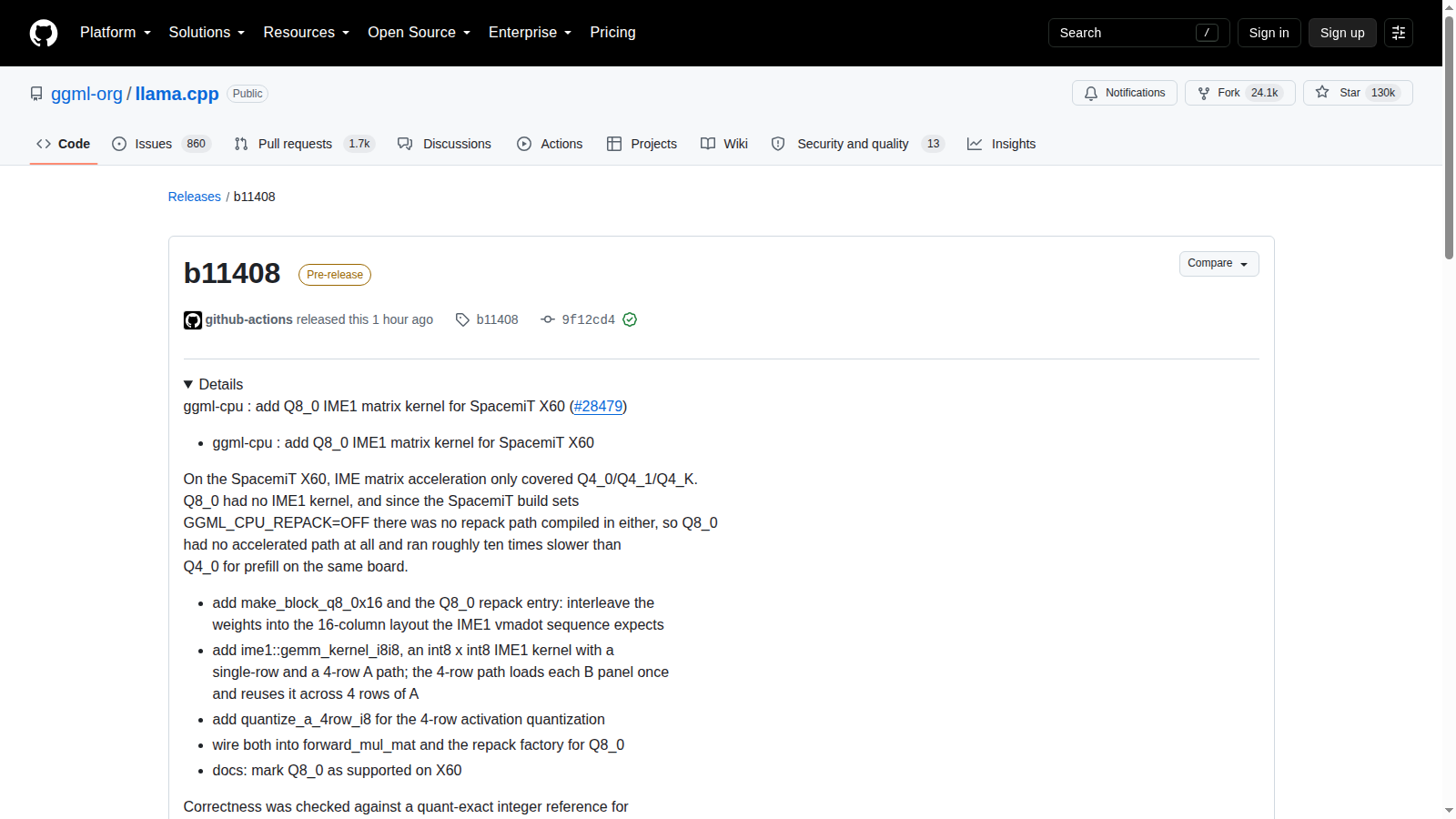 Release ufficiale llama.cpp b11408 con benchmark Q8_0 IME1 su SpacemiT X60