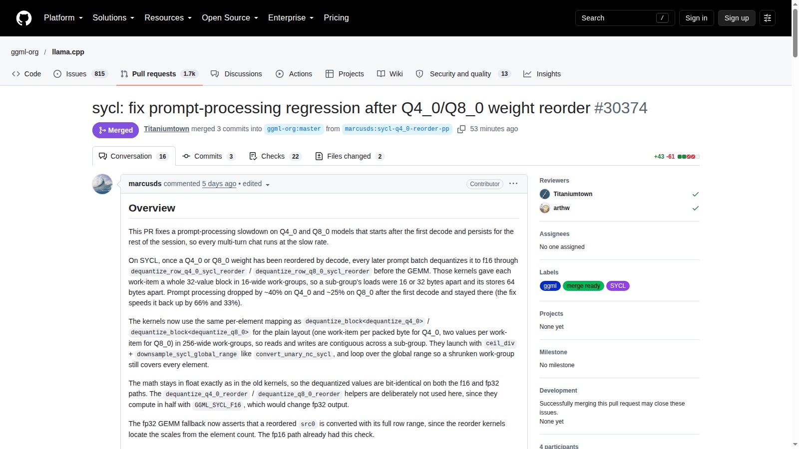 Pull request llama.cpp con misure del fix SYCL per prompt processing Q4_0 e Q8_0