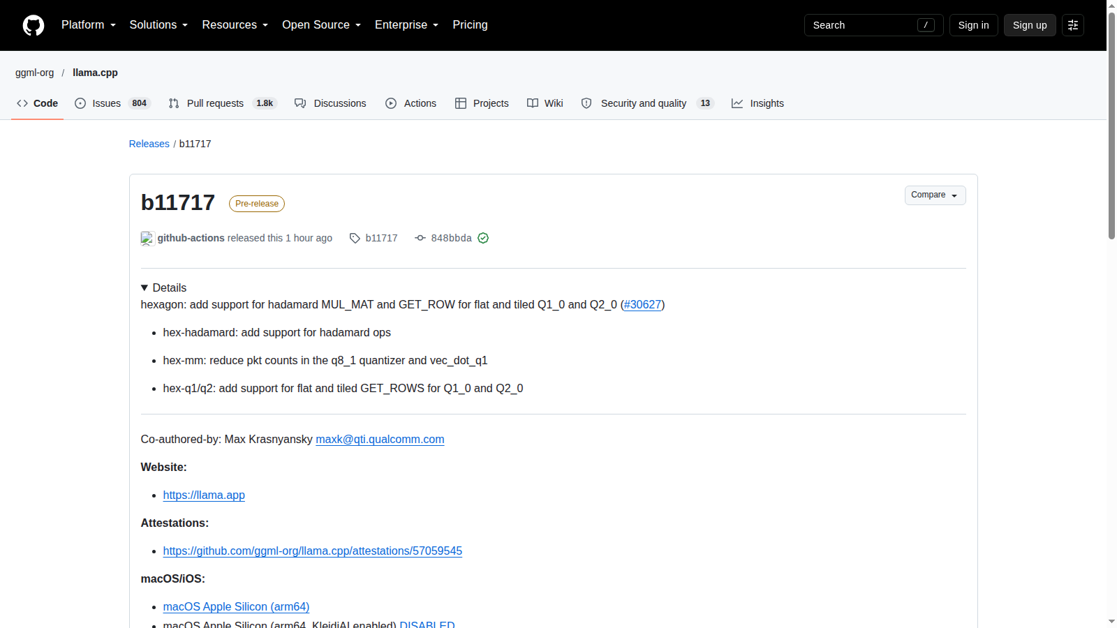Pagina ufficiale GitHub della prerelease llama.cpp b11717 con supporto Hexagon Q1_0 e Q2_0