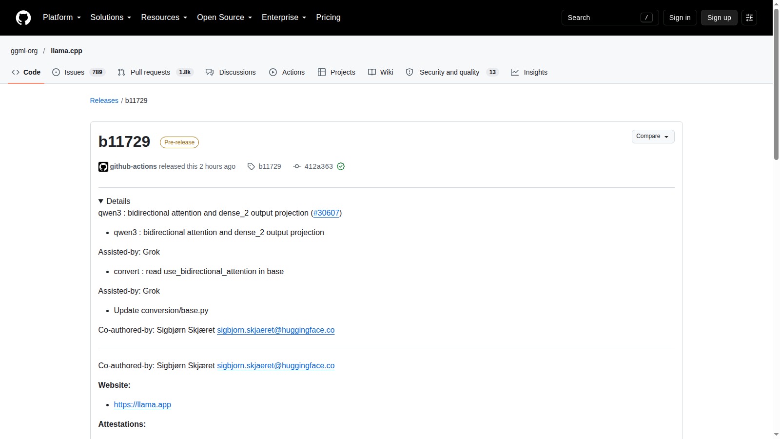 Pagina ufficiale GitHub della release llama.cpp b11729